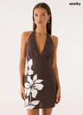 Agneta Halter Linen Mini Dress - Chocolate Tropic Floral - Mini Dresses