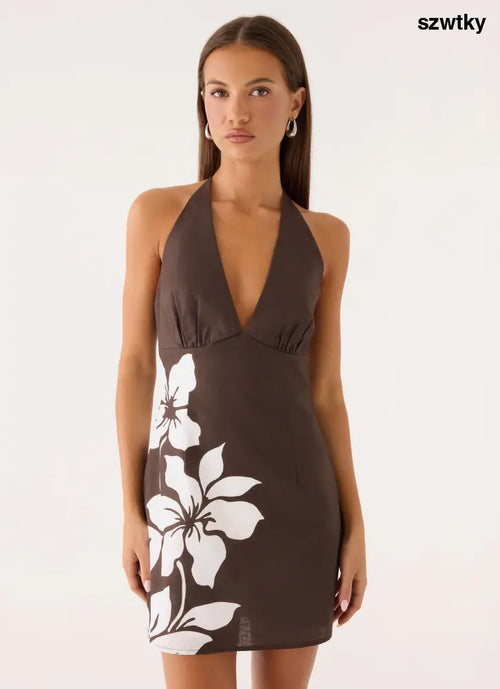 Agneta Halter Linen Mini Dress - Chocolate Tropic Floral - Mini Dresses